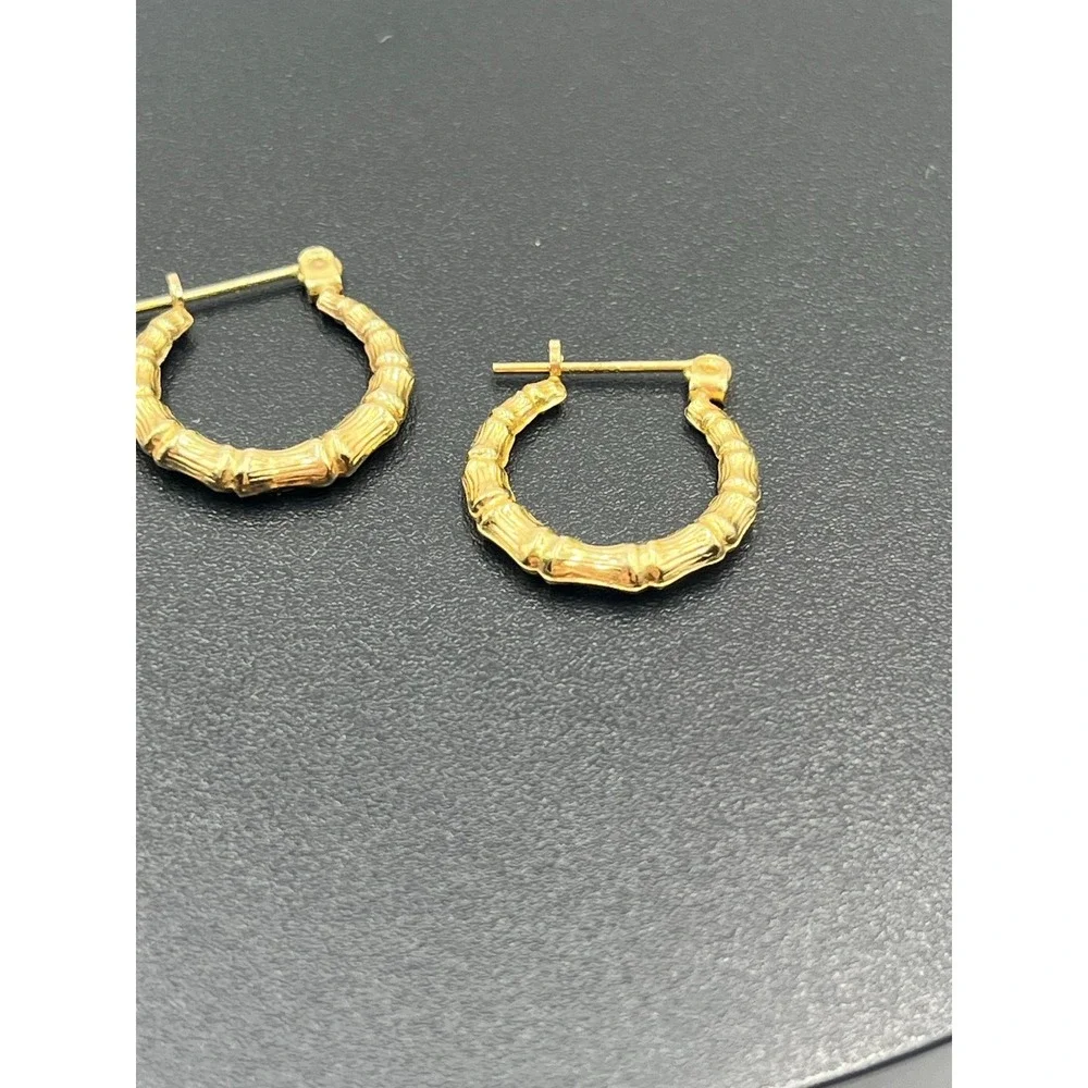 JCM Jacmel 14k‎ Yellow Gold Vintage Marked Bamboo Shrimp Hoop Huggie Earrings